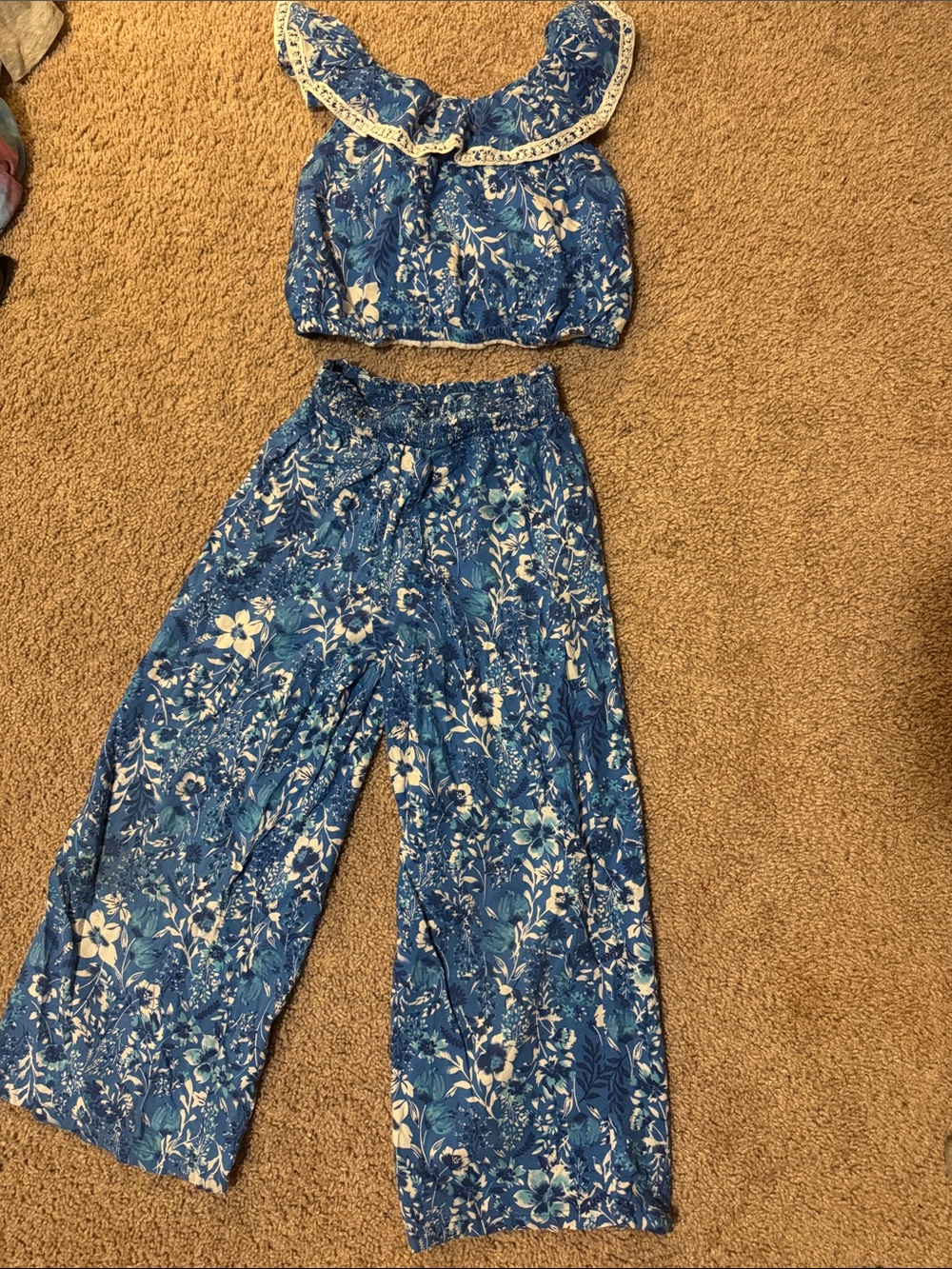 Rachel Zoe Blue & White Floral Wide-Leg Matching Set - Kids